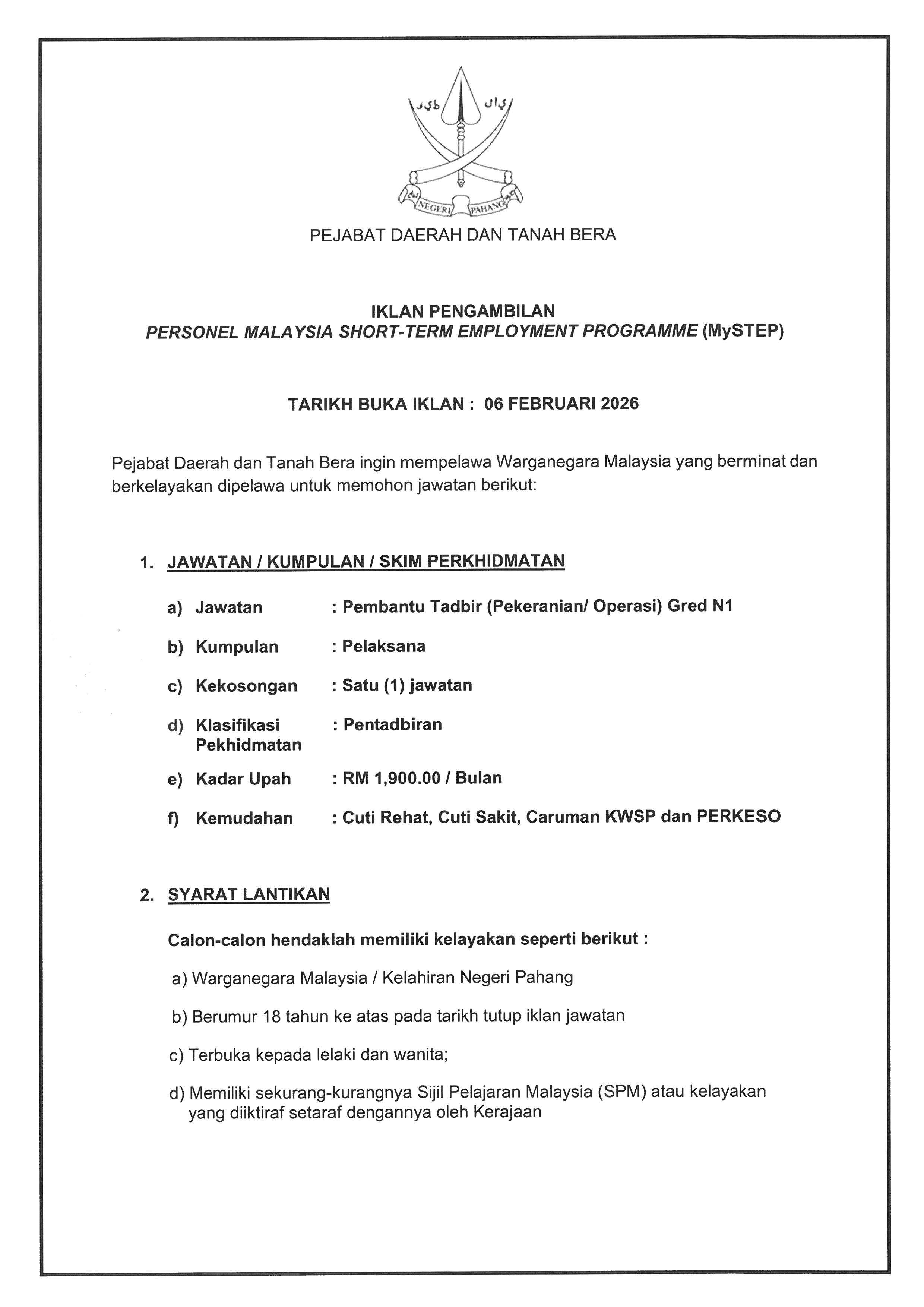 Iklan pengambilan Personel Malaysian Short-Term Employment Programme (MySTEP) bagi Pejabat Daerah dan Tanah Bera.